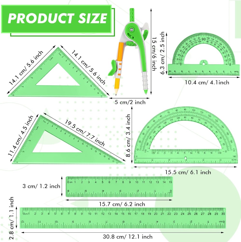 7 Pcs Geometry Math Set: 6/4 I - Ruler Set Transparent recension och pris